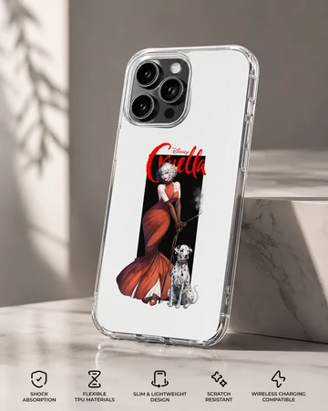Cruella De Vil in red dress with her dalmatian on phone case — Specs