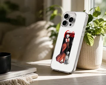 Cruella De Vil in red dress with her dalmatian on phone case — Lifestyle