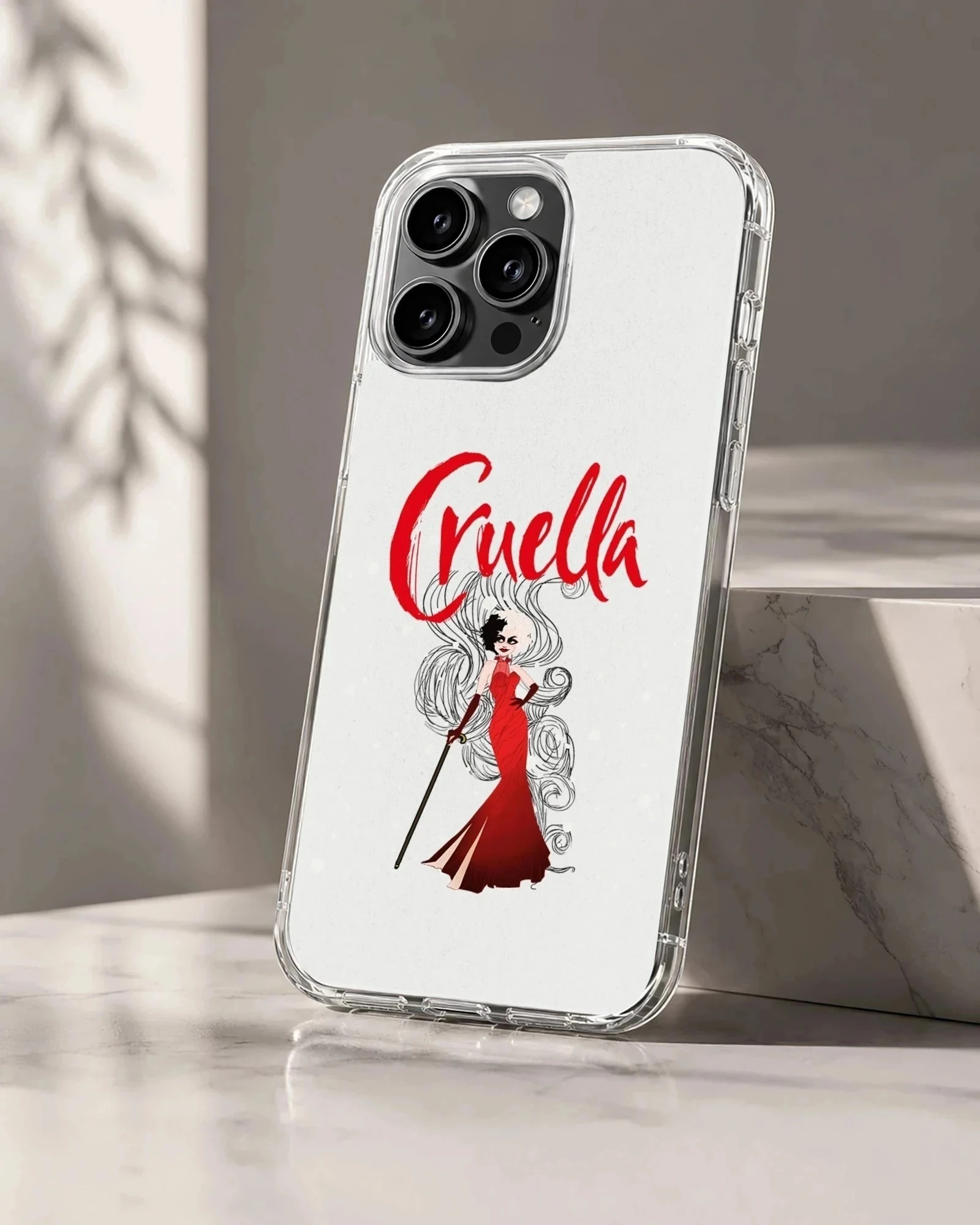 Bold Cruella De Vil illustration in red and black on phone case