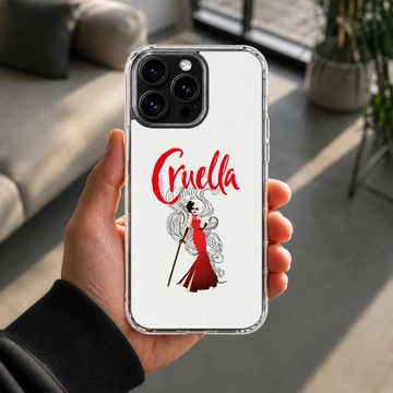 Bold Cruella De Vil illustration in red and black on phone case — Lifestyle