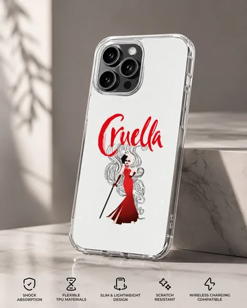 Bold Cruella De Vil illustration in red and black on phone case — Specs