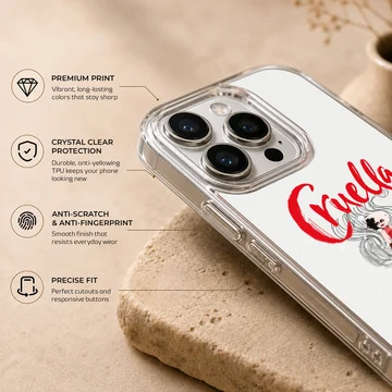Bold Cruella De Vil illustration in red and black on phone case — Info