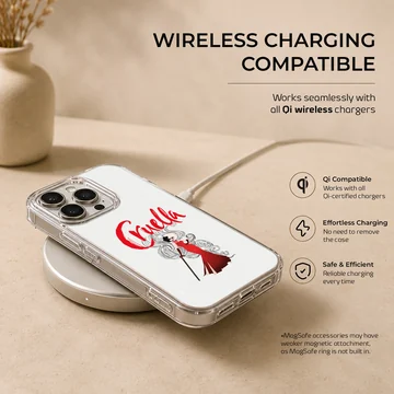 Bold Cruella De Vil illustration in red and black on phone case — Charging