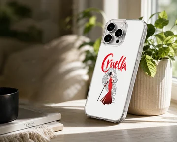 Bold Cruella De Vil illustration in red and black on phone case — Lifestyle