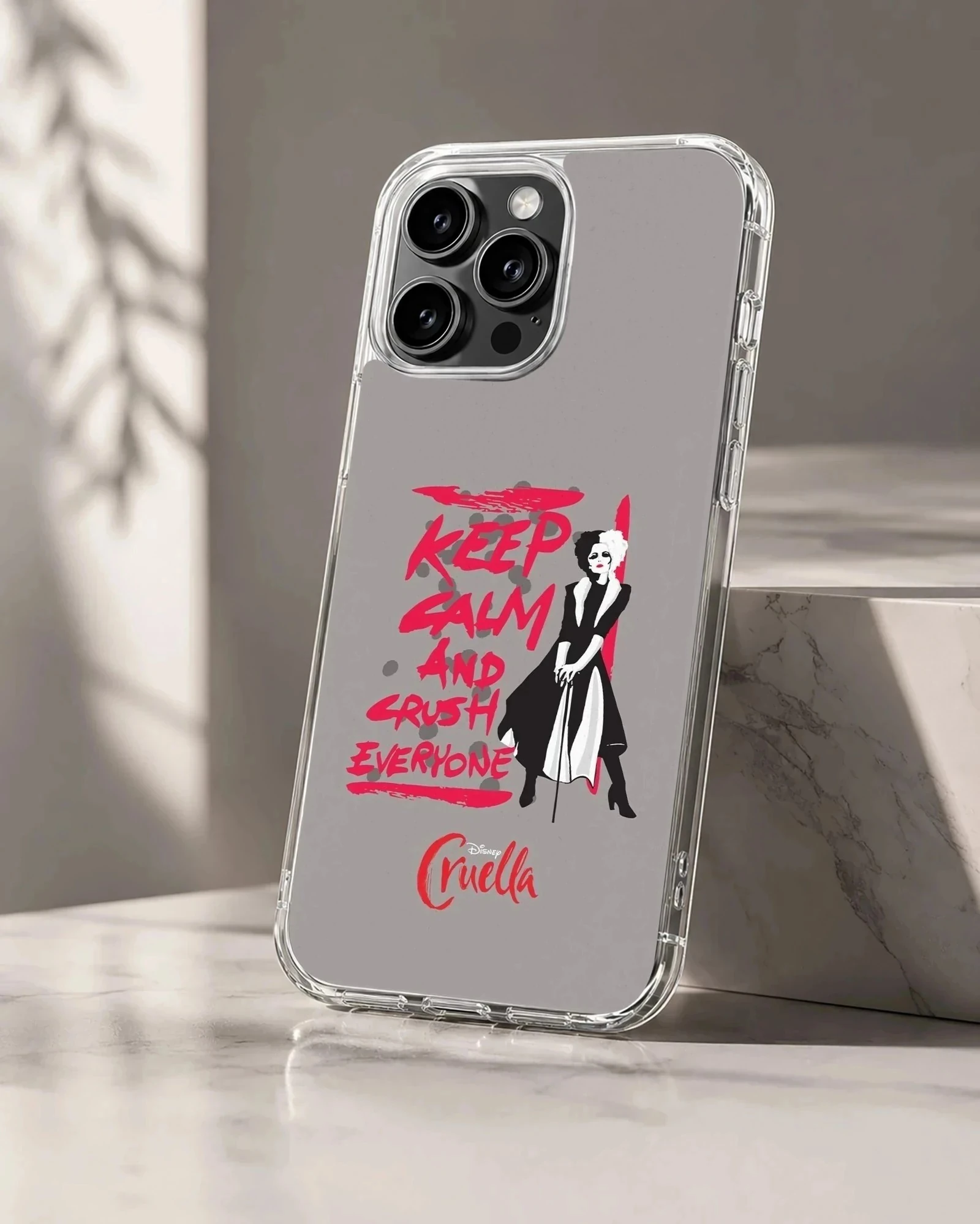 Edgy Cruella De Vil design with bold typography on phone case