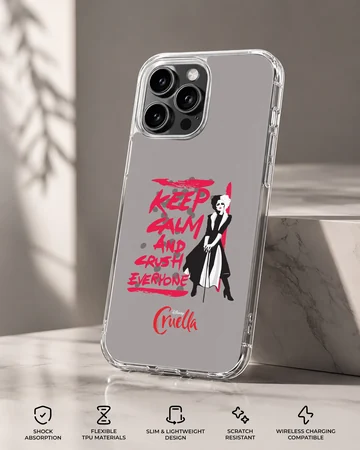 Edgy Cruella De Vil design with bold typography on phone case — Specs
