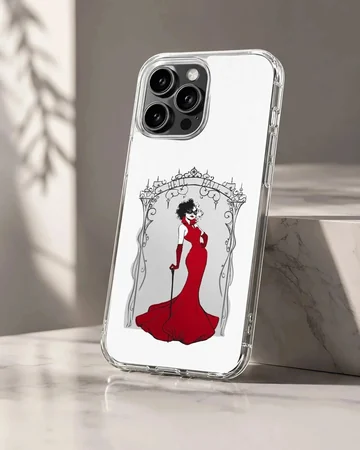 Elegant Cruella De Vil illustration in a red dress on a phone case