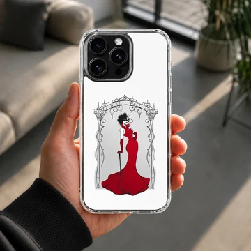 Elegant Cruella De Vil illustration in a red dress on a phone case — Lifestyle