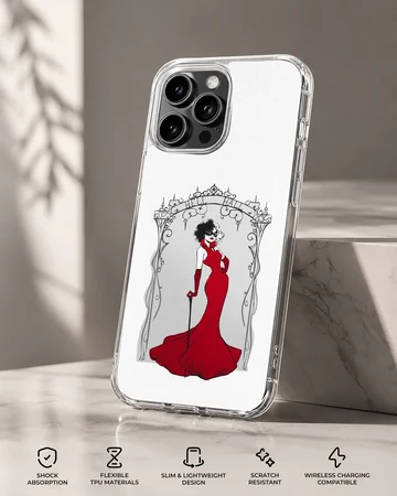 Elegant Cruella De Vil illustration in a red dress on a phone case — Specs