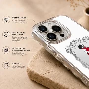 Elegant Cruella De Vil illustration in a red dress on a phone case — Info