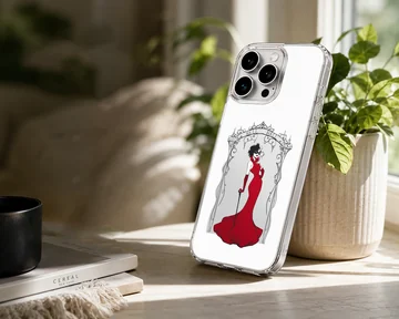 Elegant Cruella De Vil illustration in a red dress on a phone case — Lifestyle