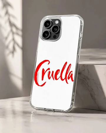 Bold typographic design of 'Cruella' on a phone case