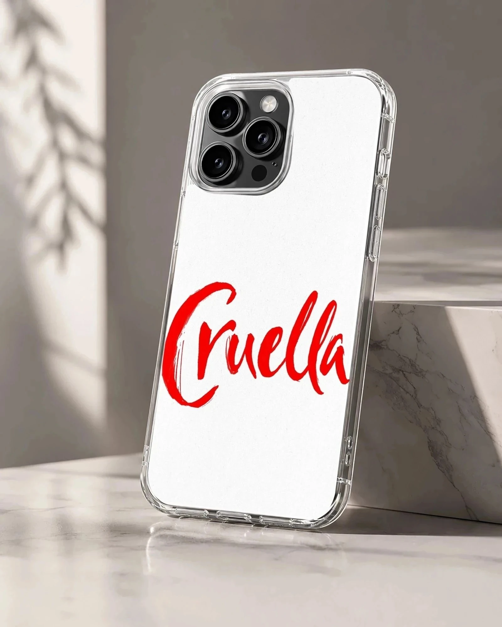 Bold typographic design of 'Cruella' on a phone case