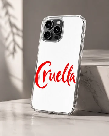 Bold typographic design of 'Cruella' on a phone case — Hero