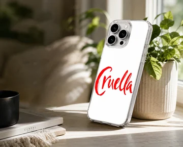 Bold typographic design of 'Cruella' on a phone case — Lifestyle