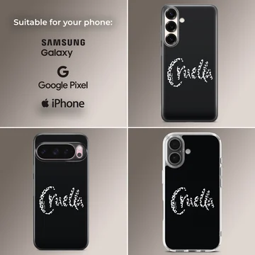 Bold typographic design of 'Cruella' on a black background phone case — Collage