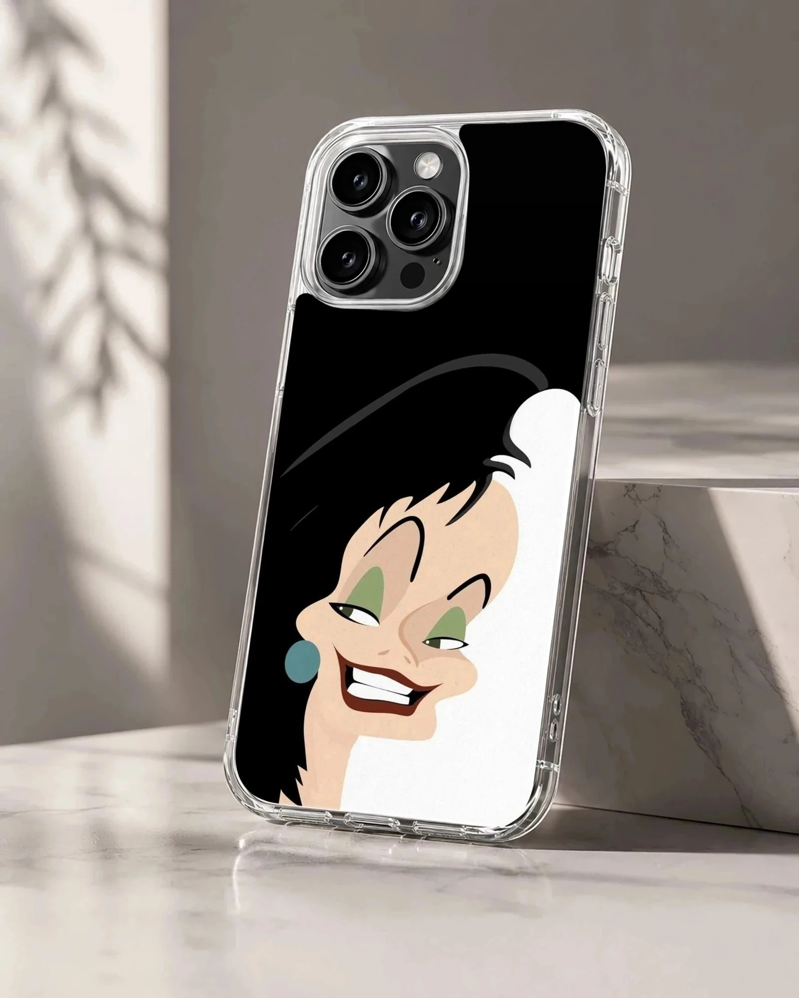 Cartoon design featuring Cruella De Vil on a phone case