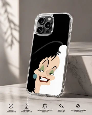 Cartoon design featuring Cruella De Vil on a phone case — Specs