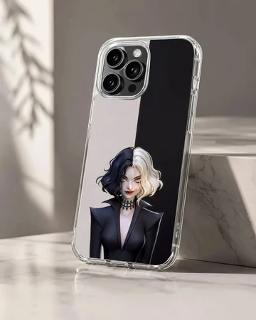 Edgy black and white illustration of Cruella De Vil phone case
