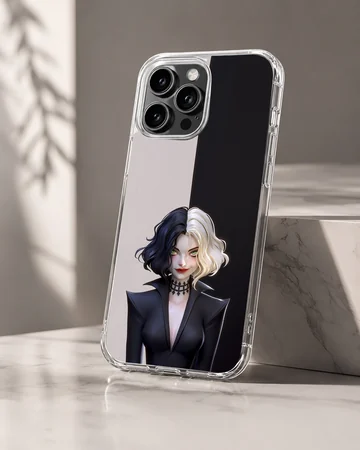 Edgy black and white illustration of Cruella De Vil phone case — Hero
