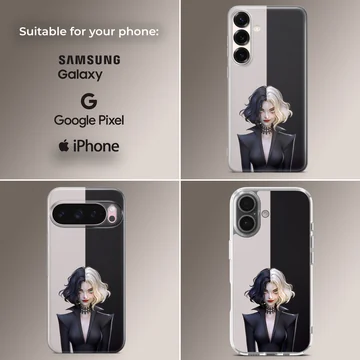 Edgy black and white illustration of Cruella De Vil phone case — Collage
