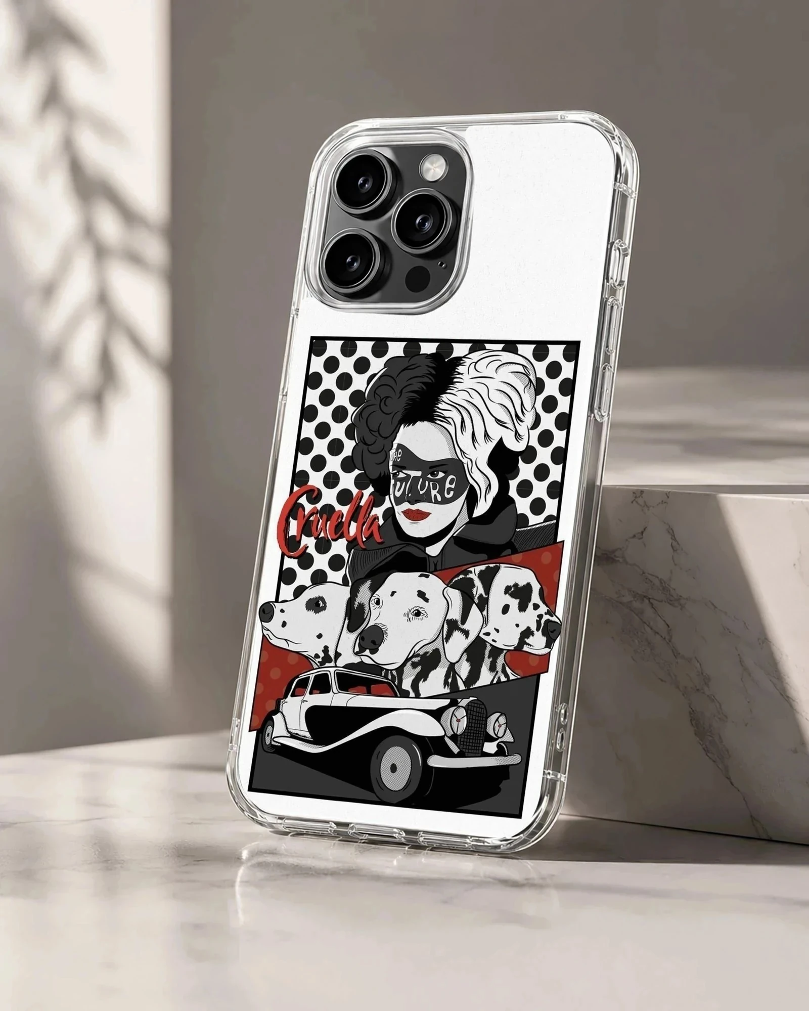 Cruella De Vil artwork with striking colors and design on phone case
