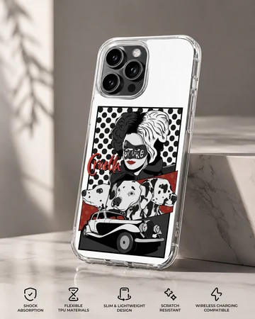 Cruella De Vil artwork with striking colors and design on phone case — Specs