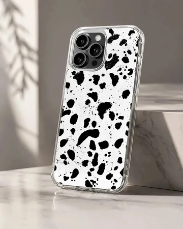 Black and white splatter design on Cruella De Vil phone case
