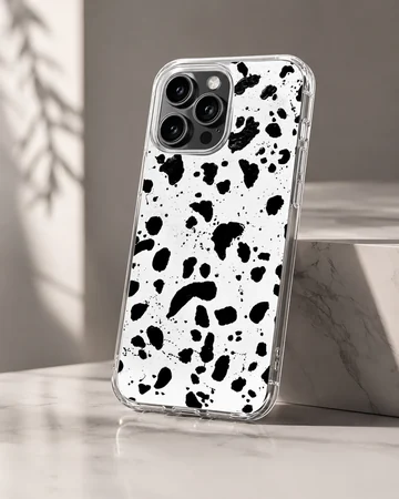 Black and white splatter design on Cruella De Vil phone case — Hero