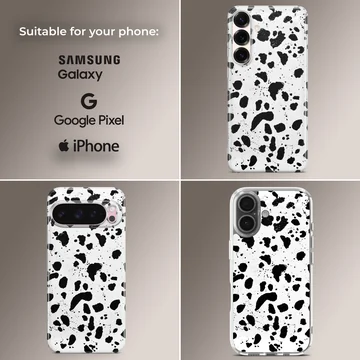 Black and white splatter design on Cruella De Vil phone case — Collage