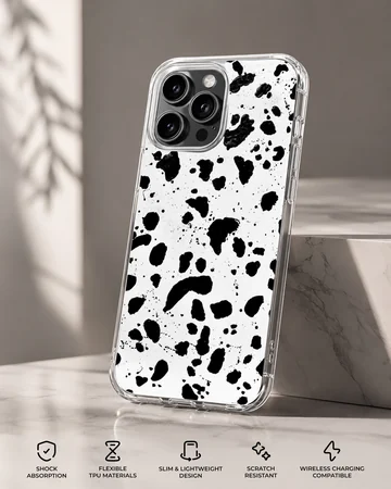 Black and white splatter design on Cruella De Vil phone case — Specs