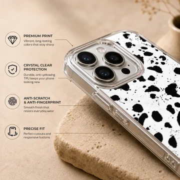 Black and white splatter design on Cruella De Vil phone case — Info