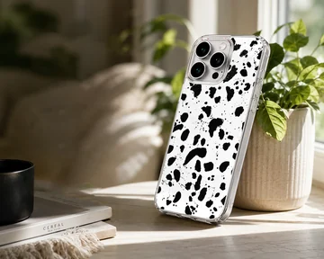 Black and white splatter design on Cruella De Vil phone case — Lifestyle