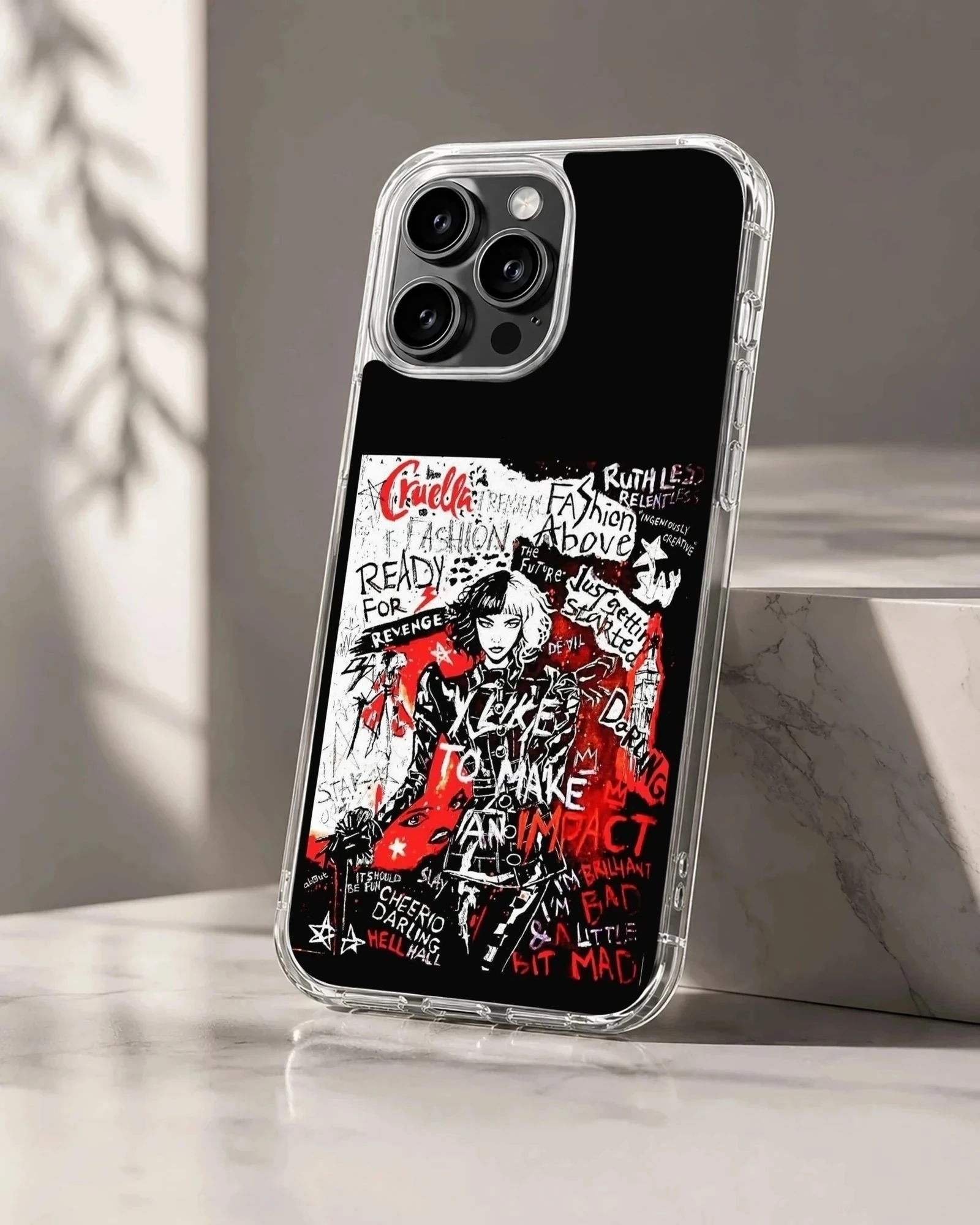 Edgy Cruella De Vil artwork printed on a phone case