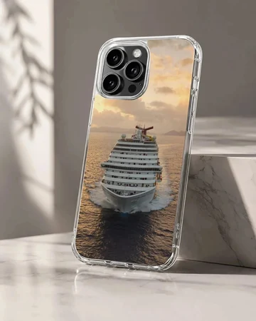Photographic print of a cruise ship sailing at sunset on a phone case