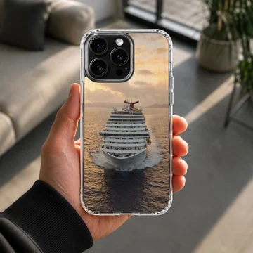Photographic print of a cruise ship sailing at sunset on a phone case — Lifestyle