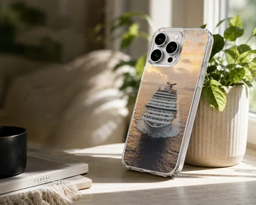 Photographic print of a cruise ship sailing at sunset on a phone case — Lifestyle