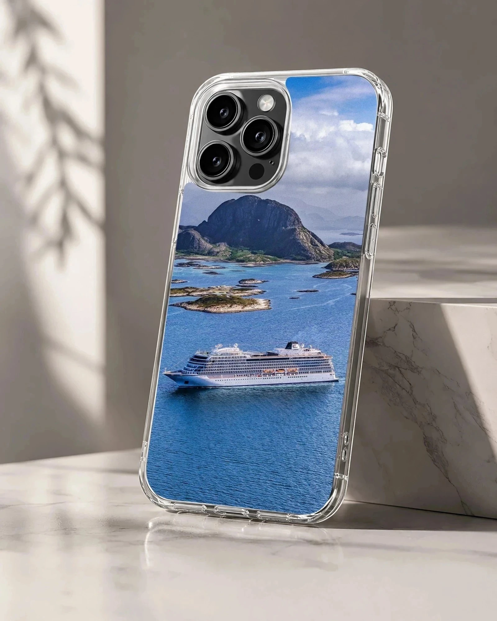 Beautiful cruise ship sailing on turquoise water with mountains in the background, phone case