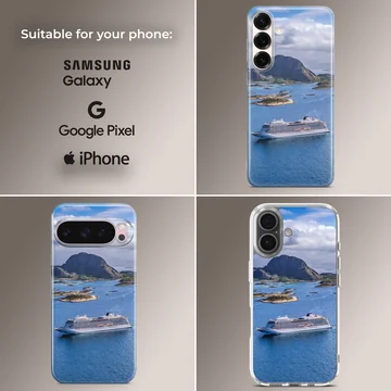 Beautiful cruise ship sailing on turquoise water with mountains in the background, phone case — Collage