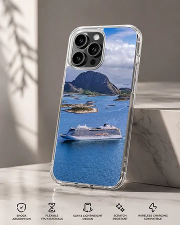 Beautiful cruise ship sailing on turquoise water with mountains in the background, phone case — Specs