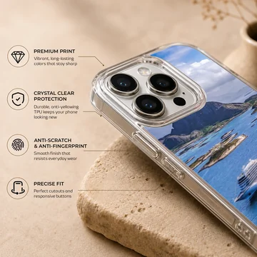 Beautiful cruise ship sailing on turquoise water with mountains in the background, phone case — Info