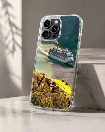 A cruise ship sailing through a picturesque harbor surrounded by green hills phone case