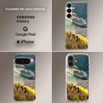 A cruise ship sailing through a picturesque harbor surrounded by green hills phone case — Collage