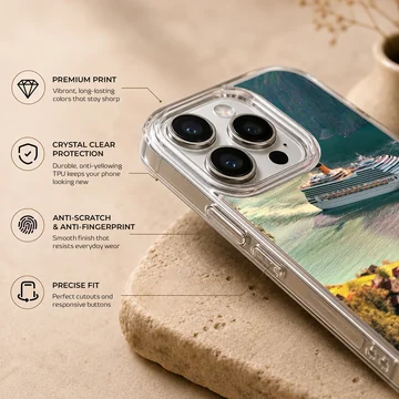 A cruise ship sailing through a picturesque harbor surrounded by green hills phone case — Info