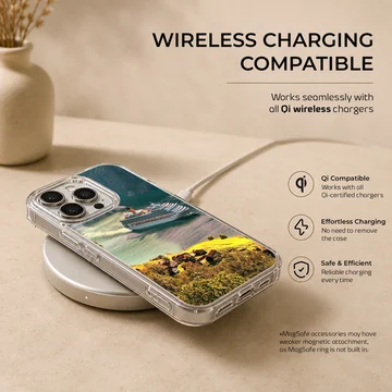 A cruise ship sailing through a picturesque harbor surrounded by green hills phone case — Charging
