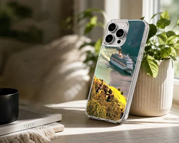 A cruise ship sailing through a picturesque harbor surrounded by green hills phone case — Lifestyle