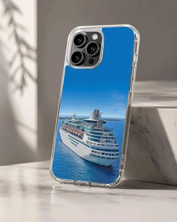 Photographic artwork of a cruise ship on a serene blue sea phone case