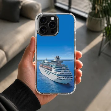 Photographic artwork of a cruise ship on a serene blue sea phone case — Lifestyle