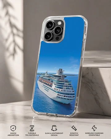 Photographic artwork of a cruise ship on a serene blue sea phone case — Specs