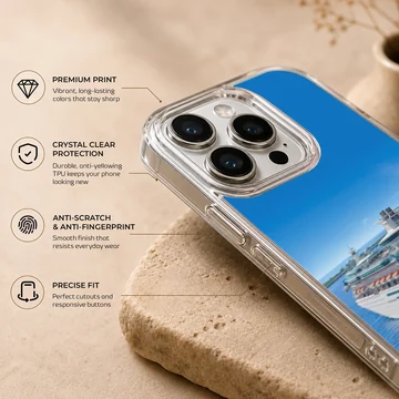 Photographic artwork of a cruise ship on a serene blue sea phone case — Info
